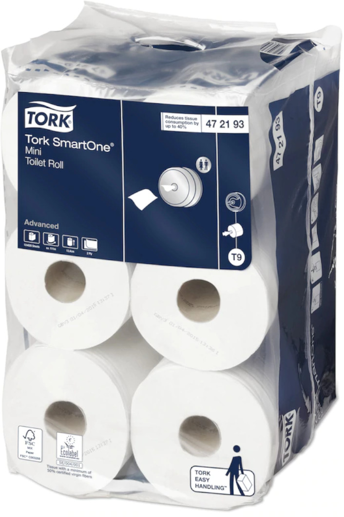 Hârtie igienică Tork 472193, SmartOne Mini T9, 2 straturi, 112m, culoarea alb, 12 bucati/bax