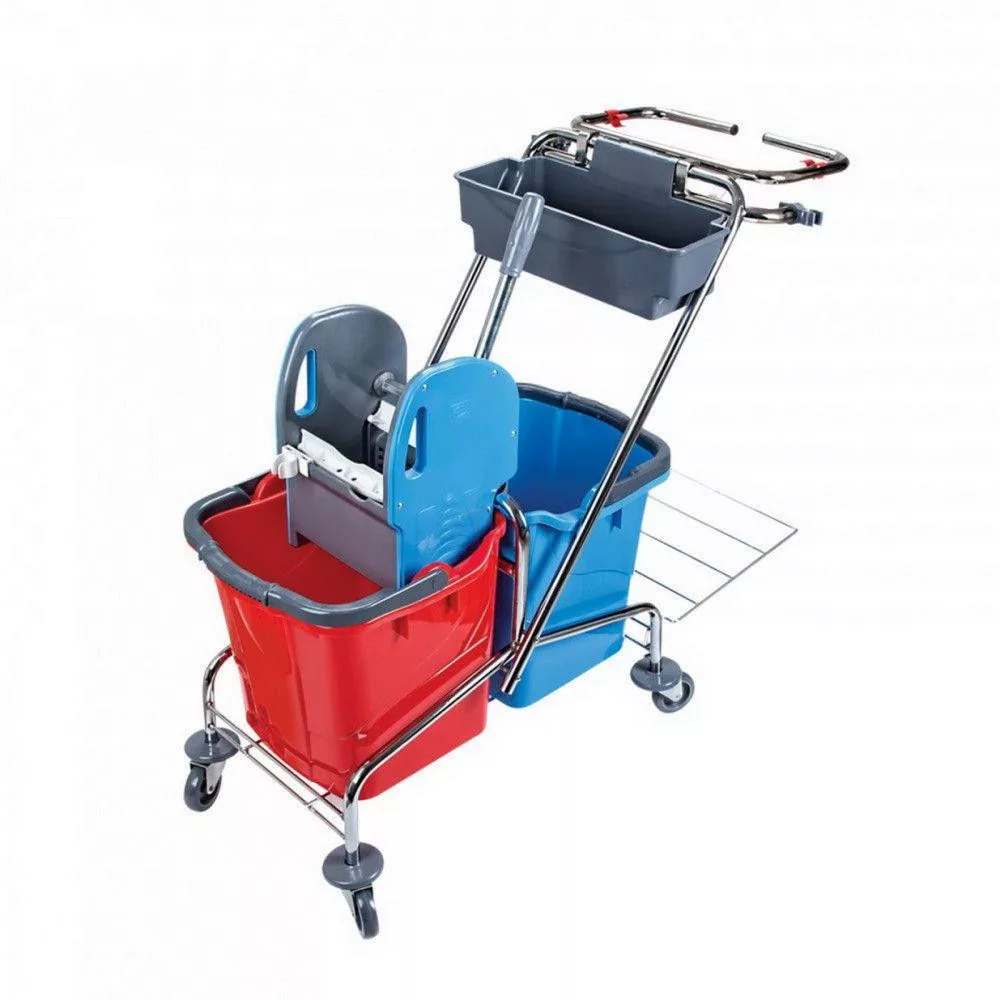 Cărucior de curățenie cu cadru cromat, suport pentru sac și găleți 2x18 litri