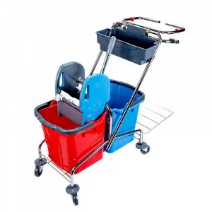Cărucior de curățenie cu cadru cromat, suport pentru sac și găleți 2x25 litri