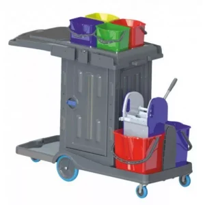 Cărucior de curățenie securizat Herkules Classic, cu storcător și găleți 2x18L + 4x5L